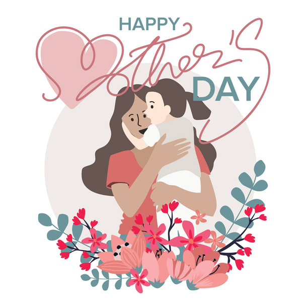 Felice giorno delle madri banner con donna che tiene figlia su sfondo fiori
 - Vettoriali, immagini