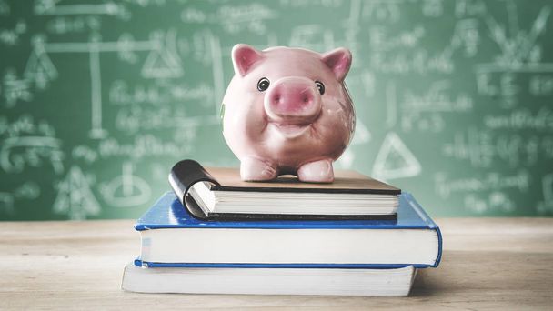 Books with piggy bank in front of green chalk board - Photo, Image
