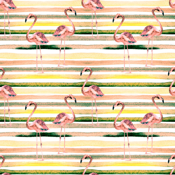 Summer Beach Background. Watercolor Seamless Pattern. Hand Painted Tropic Summer Motif with Flamingo and Stripe - Photo, Image