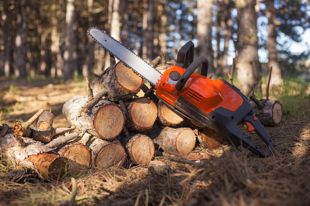 Orange chainsaw is clad on firewood stacked up by a hill against the backdrop of a pine forest - Fotografie, Obrázek