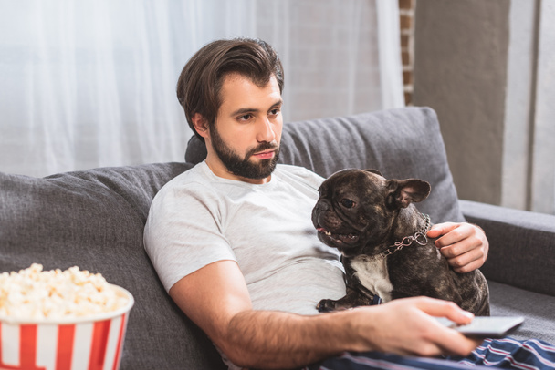 loner watching tv with with bulldog on sofa in living room  - Photo, Image