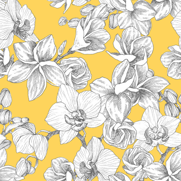 Seamless pattern. Hand drawn outline bouquet with orchid and plumeria. Highly detailed vector illustration. Beautiful exotic flower. Cymbidium for your logo, composition, design. - Wektor, obraz