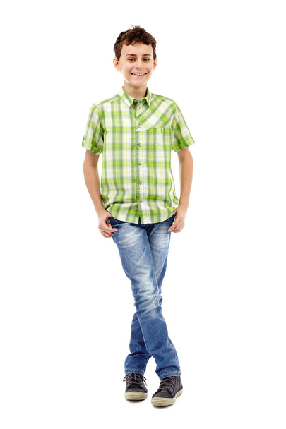 Teenager in plaid shirt, full length - 写真・画像