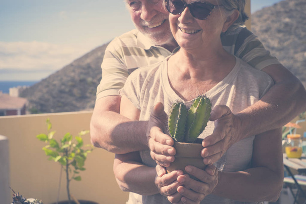 Liebe Konzept für zwei Erwachsene 70 Jahre alt, die Pflege der Pflanzen auf der Terrasse im Freien haben. eine Pflanze mit vier Händen. Meerblick - Foto, Bild