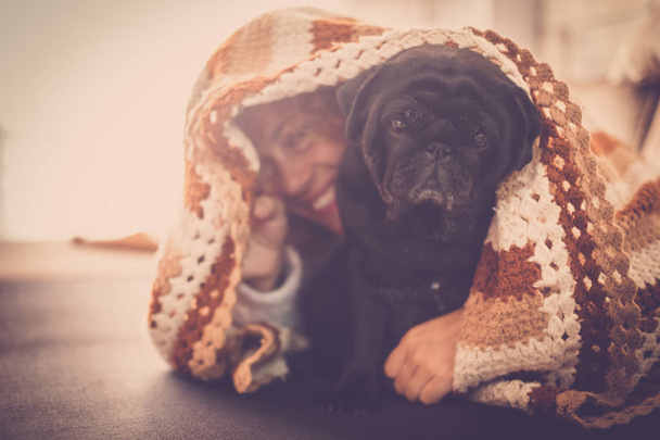 uma mulher com cabelos longos encaracolados dormindo em um cobertor de lã com dois cães pug
 - Foto, Imagem