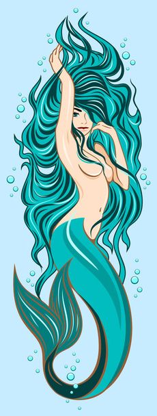 Gür, uzun saçlı sevimli deniz kızı resmi - Vektör, Görsel
