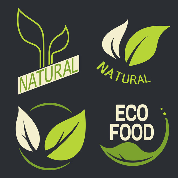 Csoportja, címkék, logók, szöveggel. Természetes, környezetbarát élelmiszer. Bioélelmiszerek  - Vektor, kép