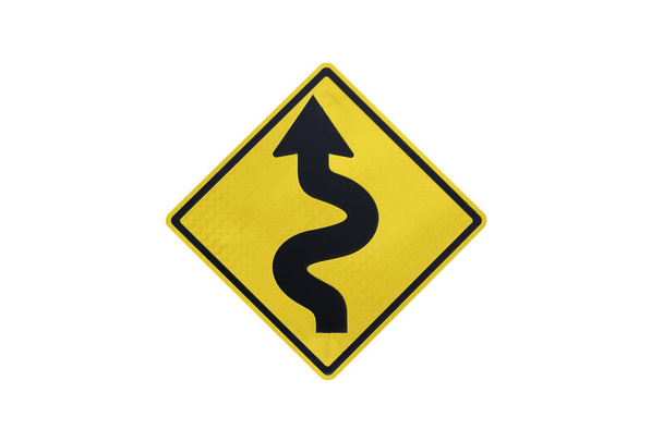 gelbe Verkehrszeichen linke und rechte Kurve isoliert auf weißem Hintergrund der Datei mit Clipping-Pfad . - Foto, Bild