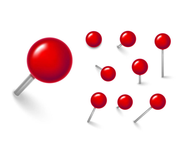Realistic Detailed 3d Red Push Pins Different Angles Set. Vector - Vettoriali, immagini