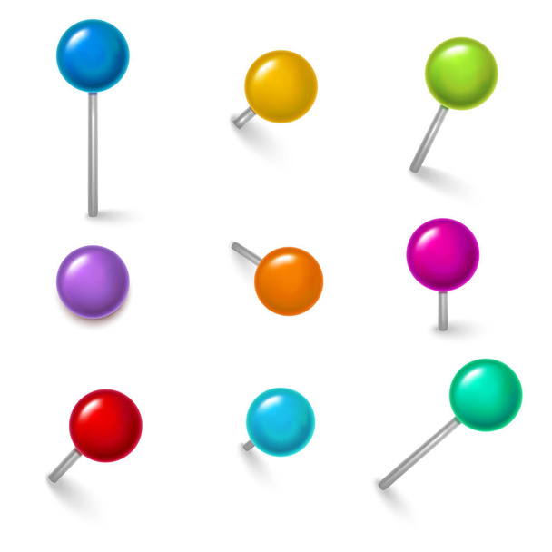 Realistic Detailed 3d Colorful Push Pins Different Angles Set. Vector - Διάνυσμα, εικόνα
