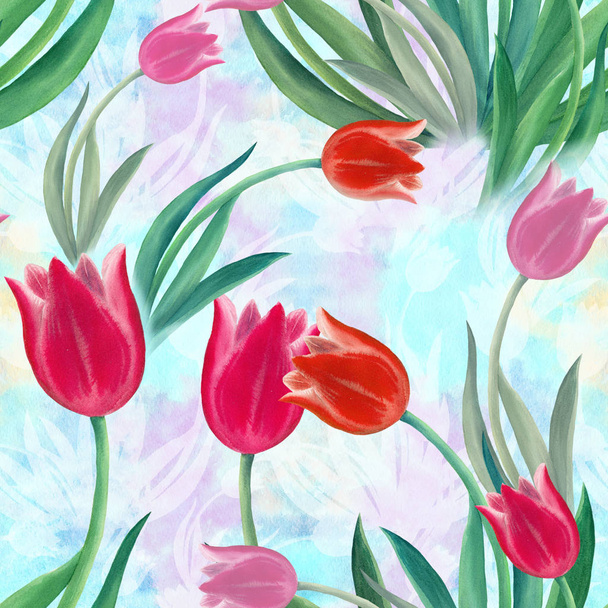 Tulips - drawing on the background of watercolor. Spring flowers. Seamless pattern - Фото, изображение