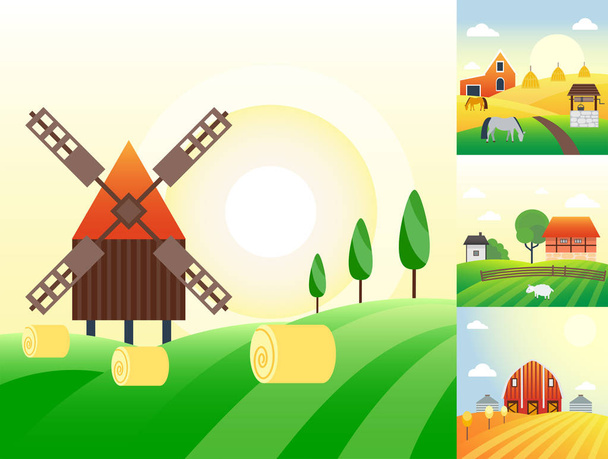 Farm agriculture banner rural landscape products old barn and field cartoon vector illustration. - Вектор,изображение