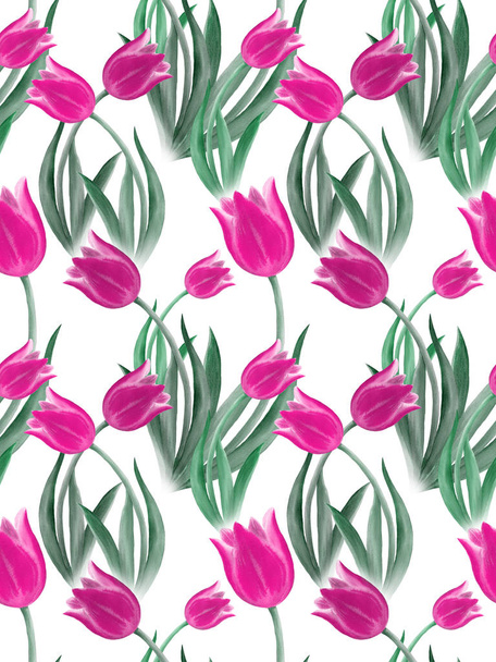 Tulpen - tekening in aquarel. Achtergrondafbeelding. Lente bloemen. Naadloze patroon. - Foto, afbeelding