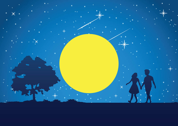 couple walk at full moon night around with star  - Vector, Image