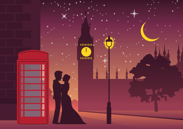 ζευγάρι αγκαλιά κοντά τηλεφωνικό κιβώτιο στο ορόσημο Big Ben του Λονδίνου - Διάνυσμα, εικόνα