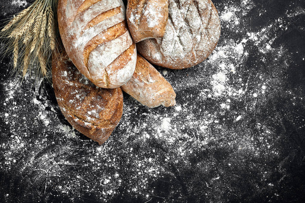 Homemade rye bread sprinkled with flour and various grains and seeds on a black background with spikelets of wheat or rye and oats. - Photo, Image