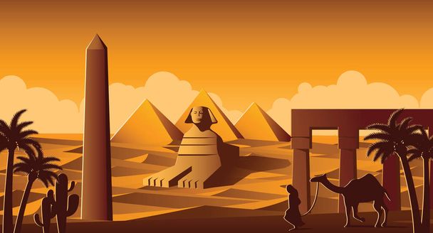 Piramis és a szfinx híres jelképe Egyiptomban, rajzfilm-változat - Vektor, kép