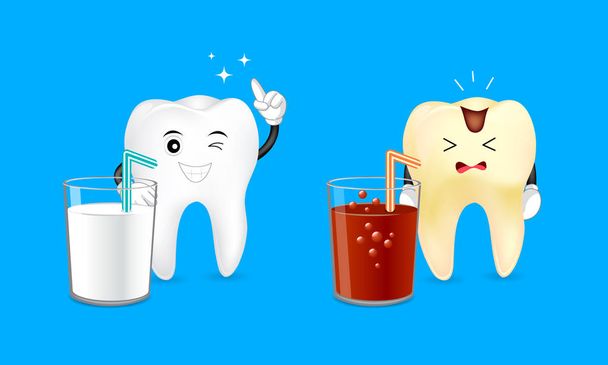 Healthy cartoon tooth with a glass of milk and decayed tooth with a soda. Dental care concept. Good and bad drinks for your teeth. Illustration isolated on blue background - Vector, Image