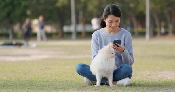Žena používající mobil sedí na zeleném trávníku se svým psem  - Fotografie, Obrázek