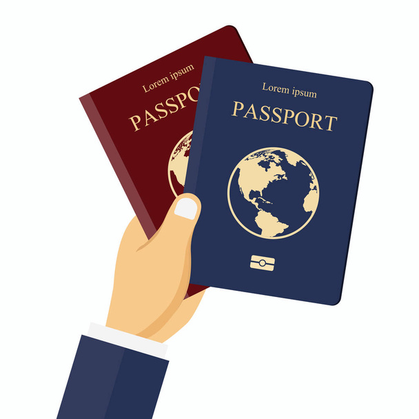 Passeports rouge et bleu à la main. Concept de voyage, vacances, vacances. Illustration vectorielle plate
. - Vecteur, image