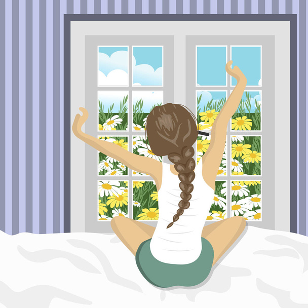 Femme s'étirant au lit après le réveil. Concept pour les vacances et les vacances. Paysages d'été. Illustration vectorielle plate
 - Vecteur, image
