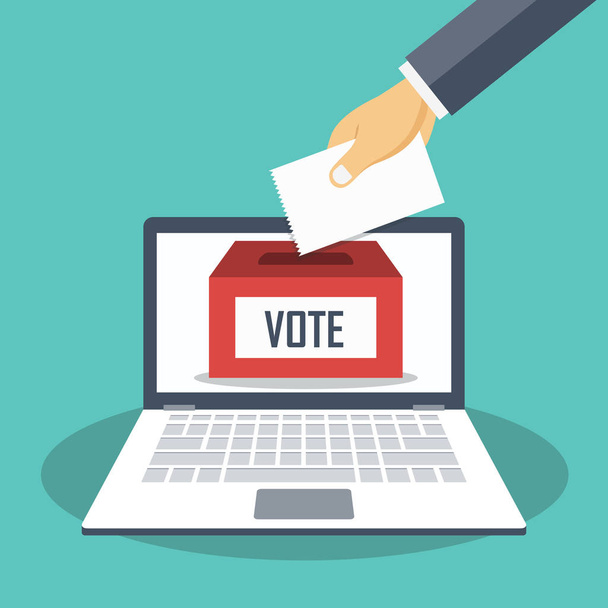 Hand de stembus stemmen papier aanbrengend op een laptop scherm. Stemmen online concept. Platte vectorillustratie. - Vector, afbeelding
