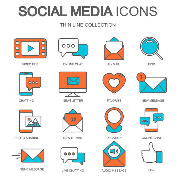 Szociális média ikonok részére websites és a mobil alkalmazások. Vékony vonallá adatgyűjtési. Lapos vektoros illusztráció - Vektor, kép