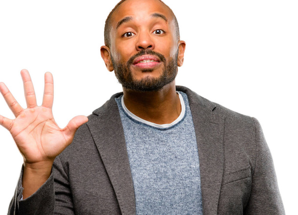 African american man with beard raising finger, is the number five isolated over white background - Fotografie, Obrázek