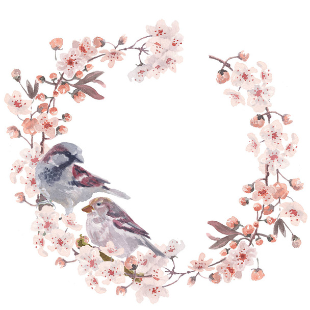 sparrow male and female with cherry branches and blossom. Watercolor handmade vector illustration - Vector, Imagen