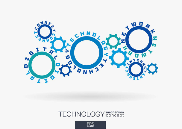 Connected cogwheels. Digital network, technology, internet connect words. Integrated gears and text system. Media business, develop concept. Typography idea. Cog wheel seo mechanism. Vector infograph - Vector, Image