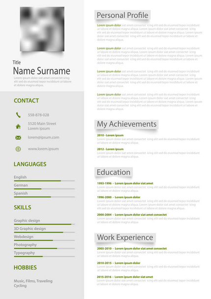Professional personal resume cv with gray labels and green design - Vector, Image