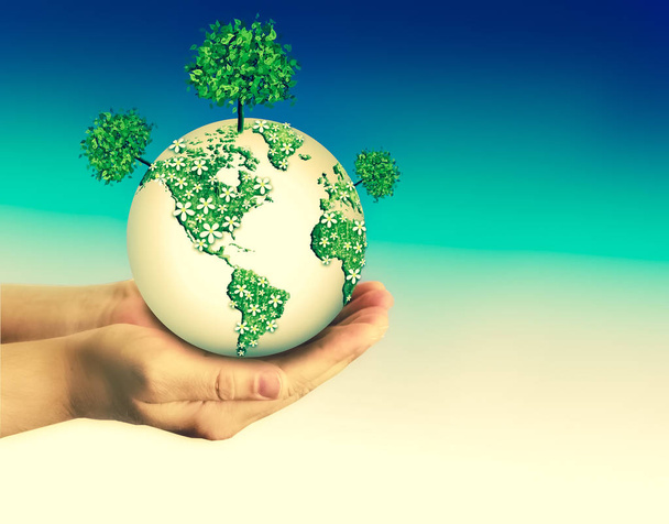 Ecological concept of the environment with the cultivation of trees on the ground in the hands. Planet Earth. Physical globe of the earth. Elements of this image furnished by NASA. 3D illustration - Photo, Image