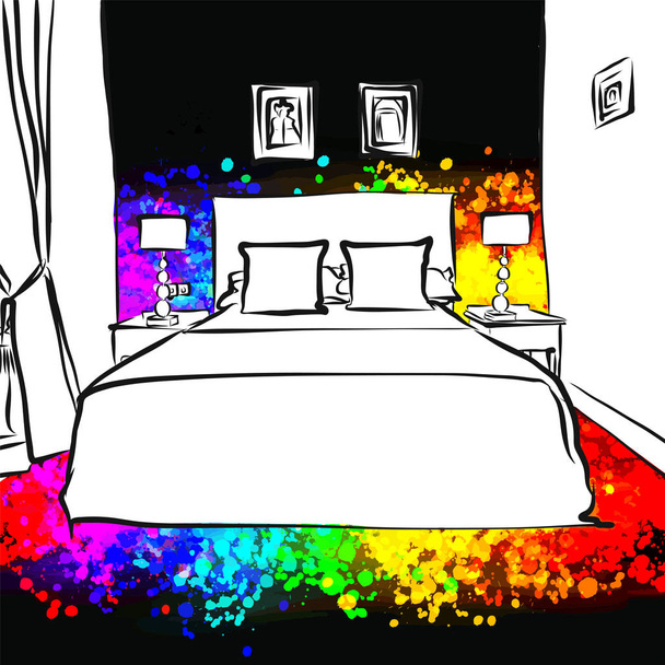 暗い寝室インテリア図面の概念 - ベクター画像