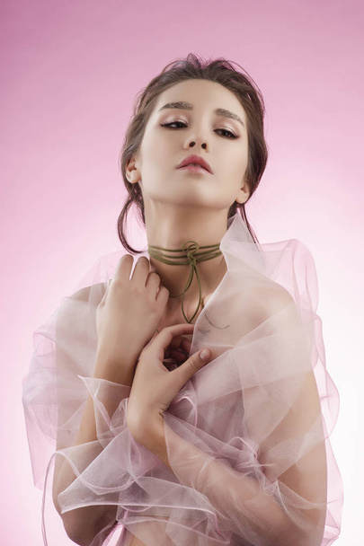 Beautiful sensual young big breast asian girl wearing pink veil  - Foto, Bild