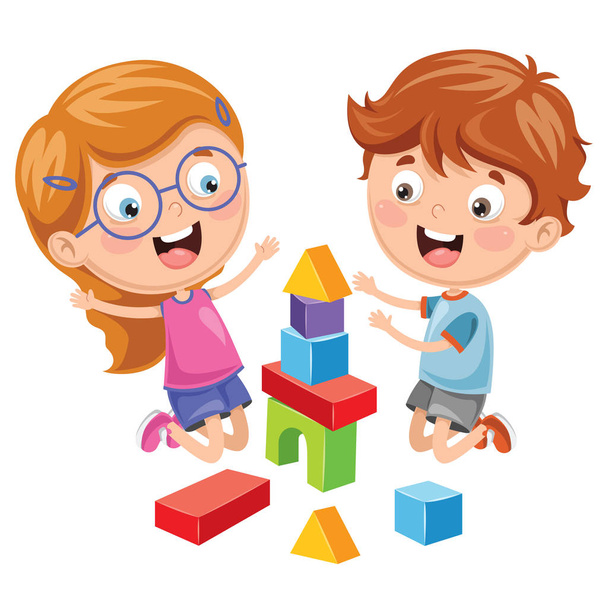 Vector Illustration Of Kid Playing With Building Blocks - Vector, Image