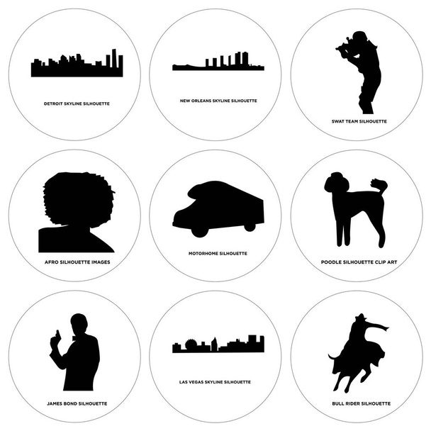 Állítsa be a 9 egyszerű szerkeszthető ikonok, mint a bika lovas, las Vegas-i ég, james bond - Vektor, kép