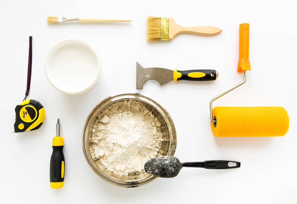 Set of house repair constructing and painting equipment on white background. Flat lay - 写真・画像