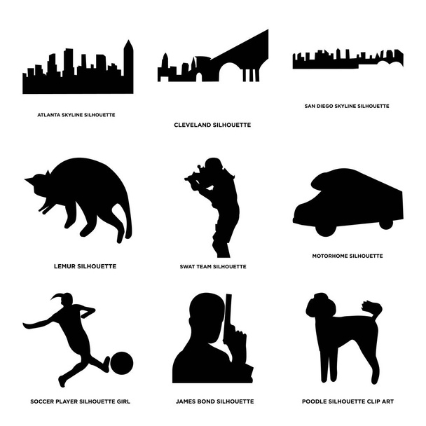Набор из 9 простых редактируемых икон, таких как пудель, Джеймс Бонд, футболист
 - Вектор,изображение