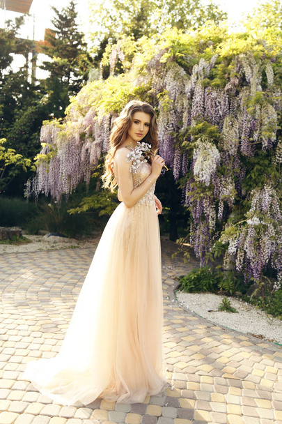 woman with long hair in luxurious dress posing among flowering w - Photo, image