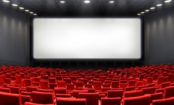Σινεμά με την κενή οθόνη και κόκκινα καθίσματα - σινεμά - Φωτογραφία, εικόνα