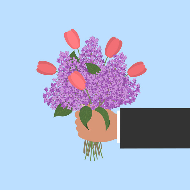 Ruce drží kytici šeříku a tulipány. Vektorové ilustrace na modrém pozadí. - Vektor, obrázek