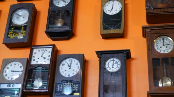 PATTAYA, THAÏLANDE - 23 DÉCEMBRE 2017 : Plusieurs horloges différentes sur le mur. Ancienne horloge antique vintage
. - Séquence, vidéo