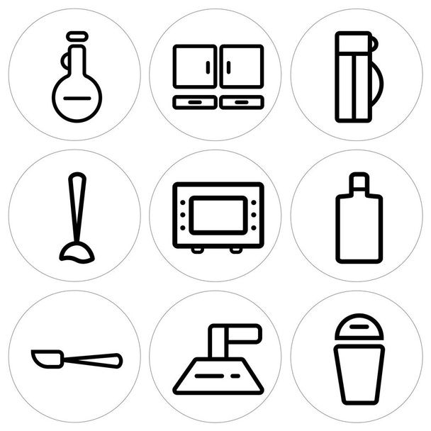 Állítsa be a 9 egyszerű szerkeszthető ikonok, mint a Trash, páraelszívó, lapát - Vektor, kép