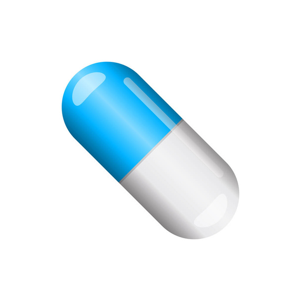 blaue und weiße Kapsel Pille isoliert auf weißem Hintergrund - Vektor, Bild