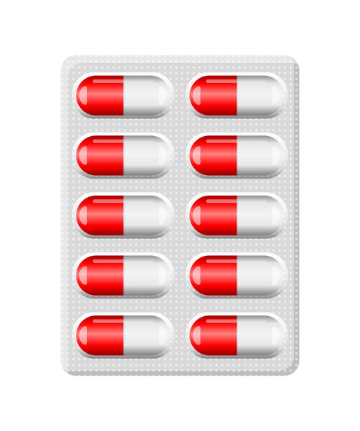 Beyaz arka plan üzerinde izole kırmızı kapsül pill Vakumlu Ambalaj - Vektör, Görsel