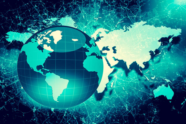 Bestes Internet-Konzept des globalen Geschäfts. Globus, glühende Linien auf technologischem Hintergrund. Wi-Fi, Strahlen, Symbole Internet, 3D-Illustration - Foto, Bild