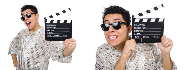 Man with movie clapperboard isolated on white - Photo, Image