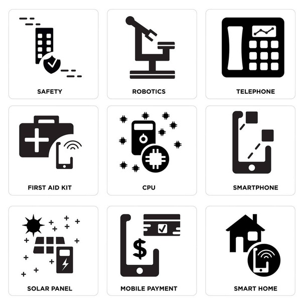 Állítsa be a 9 egyszerű szerkeszthető ikonok, mint a Smart home, mobil fizetés, napelem - Vektor, kép