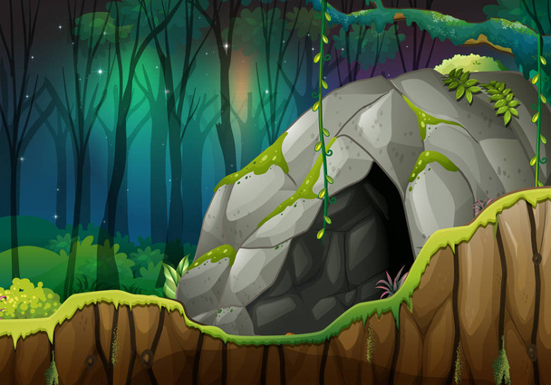 Каменная пещера в тёмном лесу
 - Вектор,изображение