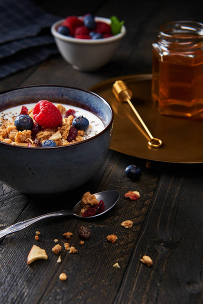 Fresh granola, muesli with yogurt, blueberries, raspberries, dri - Fotoğraf, Görsel